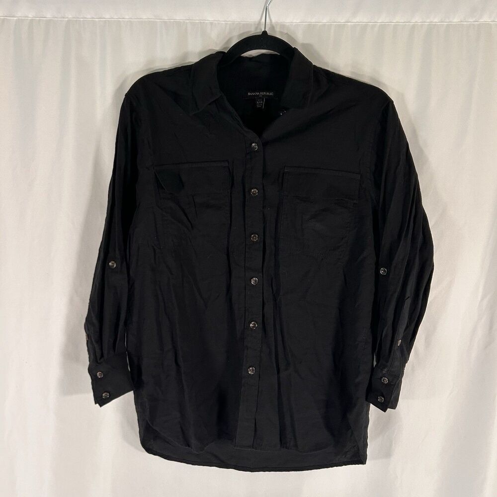 Banana Republic Blouse Women's XXS Petite Black Button Up Long Sleeve